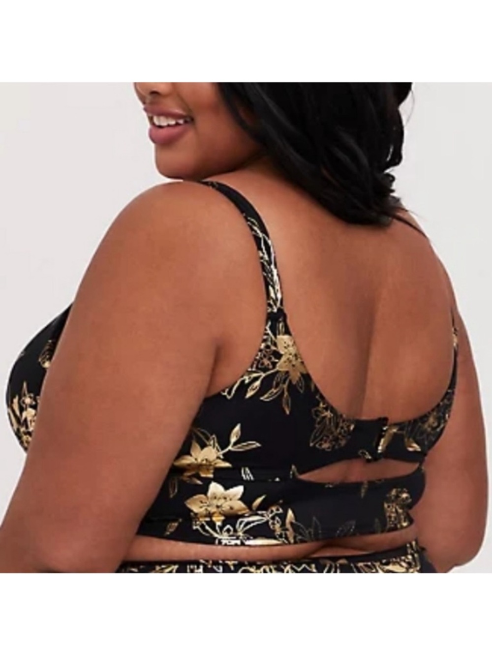 Torrid Wireless Bikini Top Black Gold Foil Floral Ruched - Picture 4 of 4